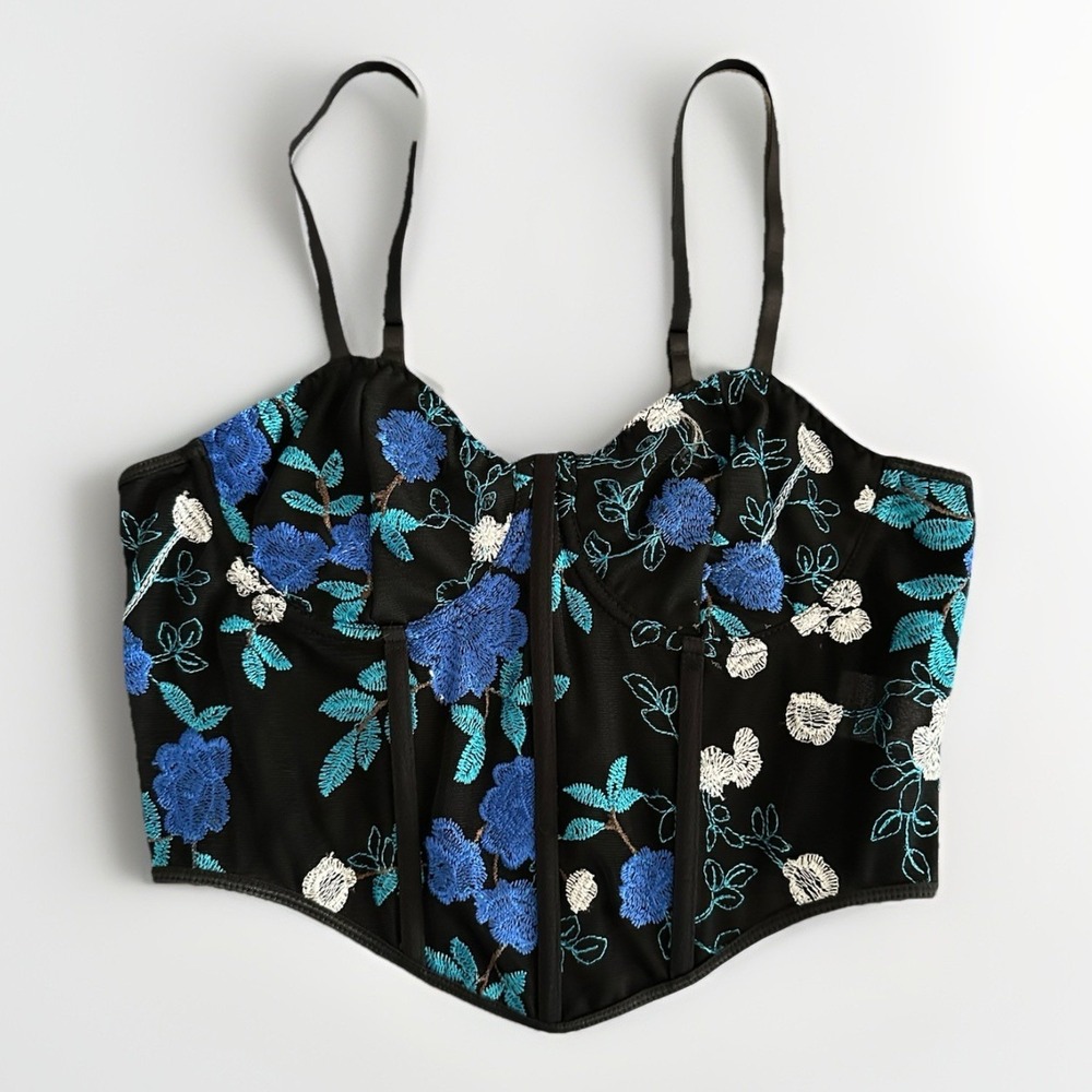 Y2K Sheer Floral Embroidered Corset Top Black Lace Coachella Eclectic Festival